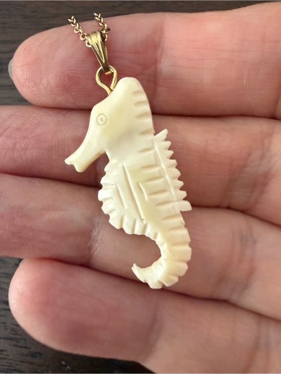 Vintage Jewelry - Carved ox bone seahorse pendant gold tone chain